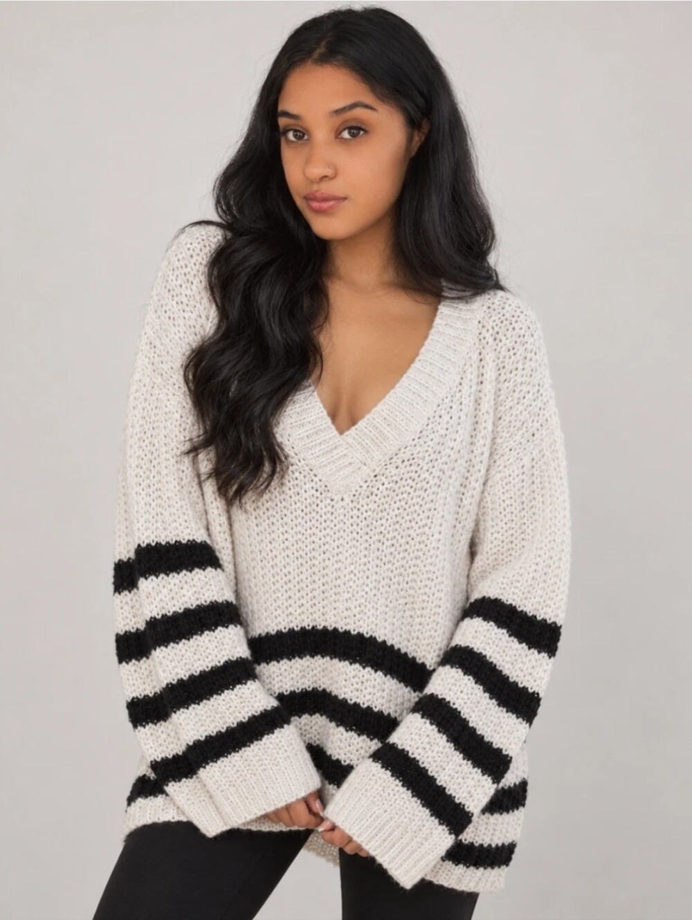 American Eagle Oversized Slouchy Deep V-Neck Stripe Knit sweater